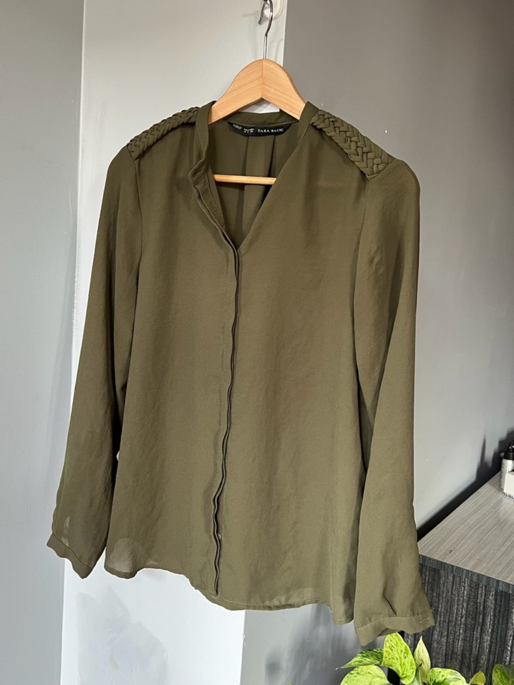 Zara Olive Green Braided-Shoulder V-Neck Blouse